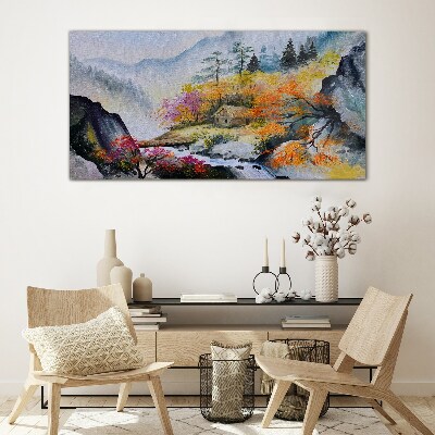 Autumn mountain panorama Wall art on glass