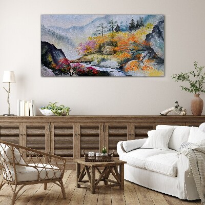 Abstraction mountains trees fog Glass Wall Art
