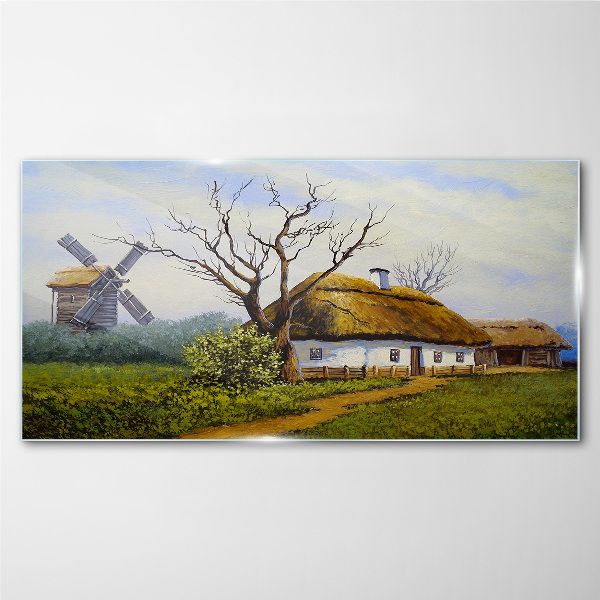 Countryside Scenery with a Windmill Wall art on glass