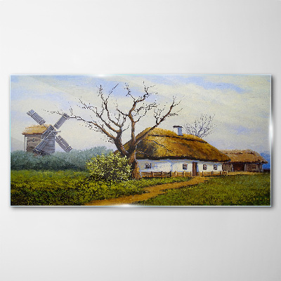 Countryside Scenery with a Windmill Wall art on glass