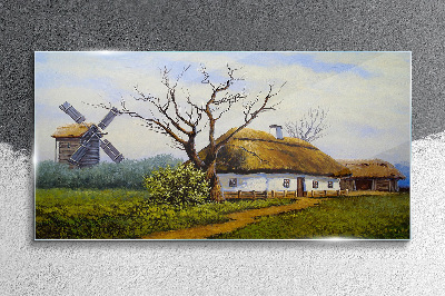 Countryside Scenery with a Windmill Wall art on glass