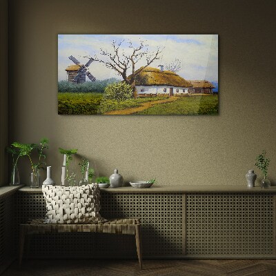Countryside Scenery with a Windmill Wall art on glass