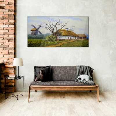 Countryside Scenery with a Windmill Wall art on glass