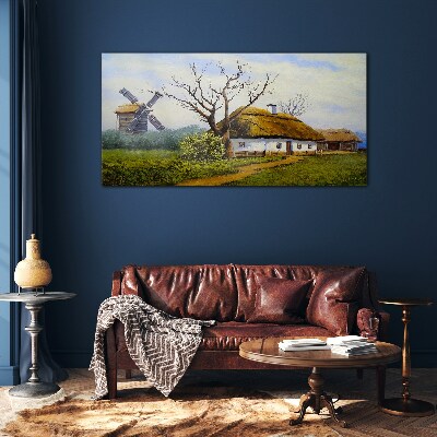 Countryside Scenery with a Windmill Wall art on glass