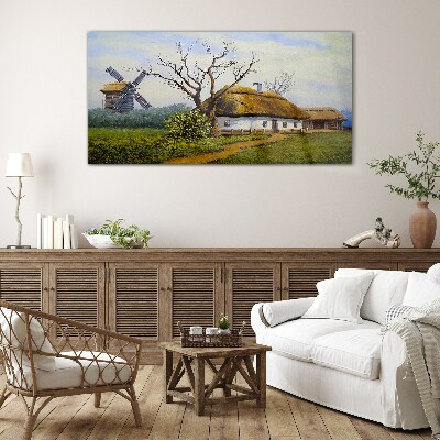 Countryside Scenery with a Windmill Wall art on glass