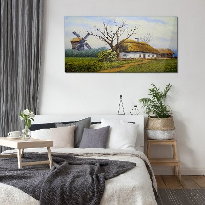 Countryside Scenery with a Windmill Wall art on glass