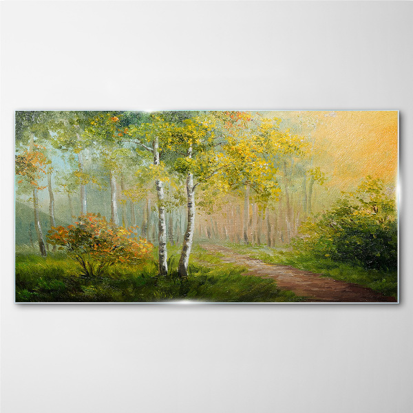 Forest path into golden mist Wall art on glass