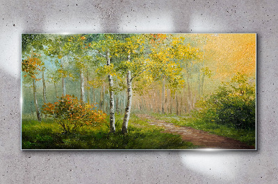 Forest path into golden mist Wall art on glass