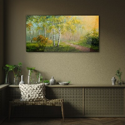 Forest path into golden mist Wall art on glass