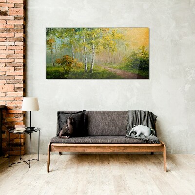 Forest path into golden mist Wall art on glass