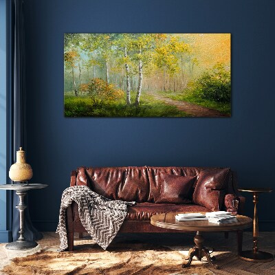 Forest path into golden mist Wall art on glass