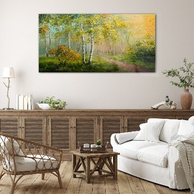 Forest path into golden mist Wall art on glass
