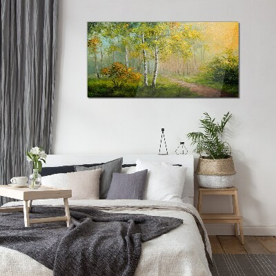 Forest path into golden mist Wall art on glass