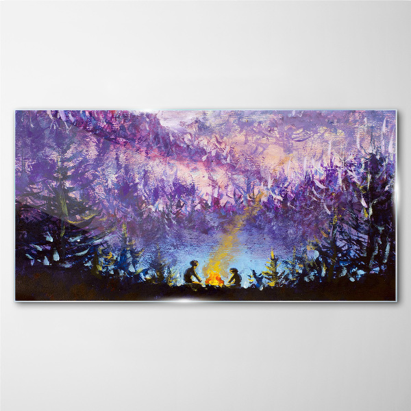 The magic of an evening campfire in the forest Wall art on glass