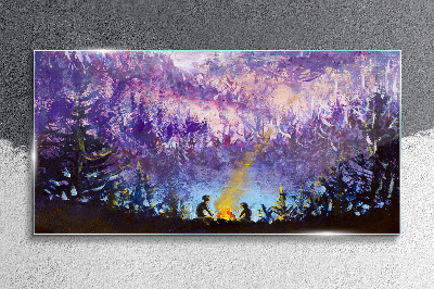 The magic of an evening campfire in the forest Wall art on glass