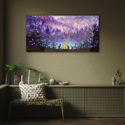 The magic of an evening campfire in the forest Wall art on glass