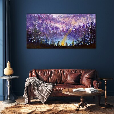 The magic of an evening campfire in the forest Wall art on glass