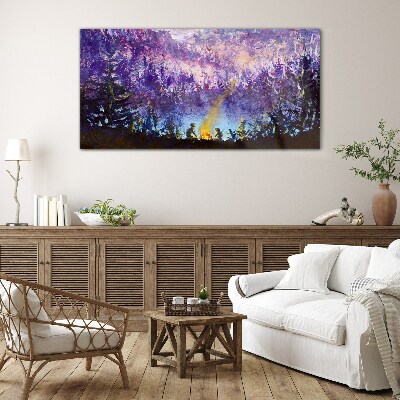 The magic of an evening campfire in the forest Wall art on glass