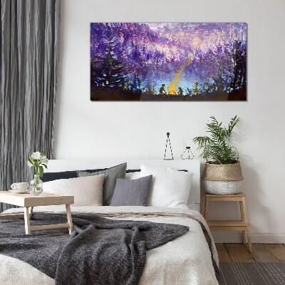 The magic of an evening campfire in the forest Wall art on glass