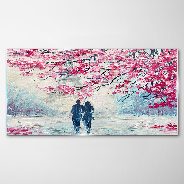A spring walk under the blooming trees Glass art print