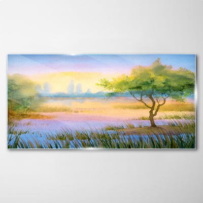 Morning calm by the lake Glass art print