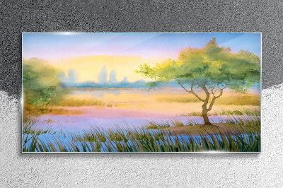 Morning calm by the lake Glass art print