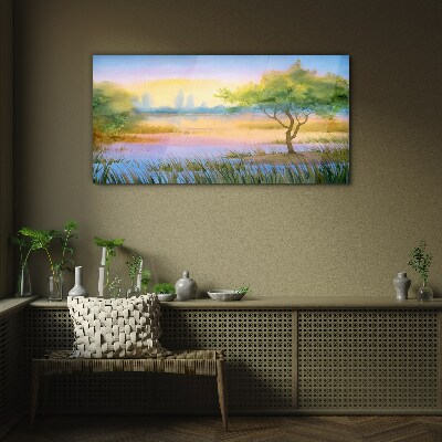 Morning calm by the lake Glass art print