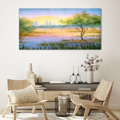 Morning calm by the lake Glass art print