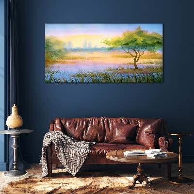 Morning calm by the lake Glass art print