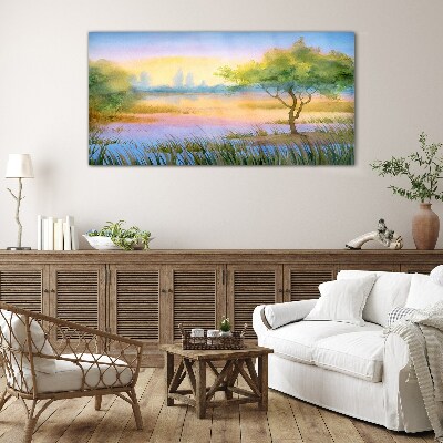 Morning calm by the lake Glass art print
