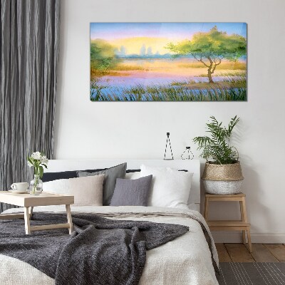 Morning calm by the lake Glass art print