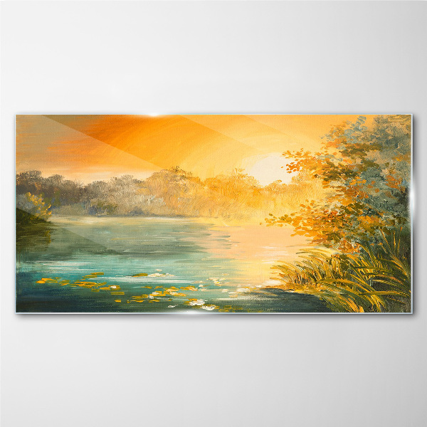 Golden hour on the river Glass art print