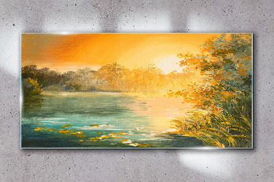 Golden hour on the river Glass art print