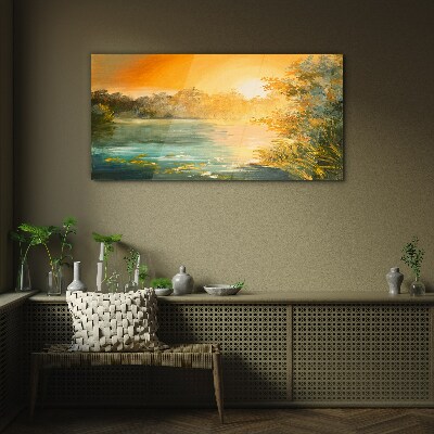 Golden hour on the river Glass art print
