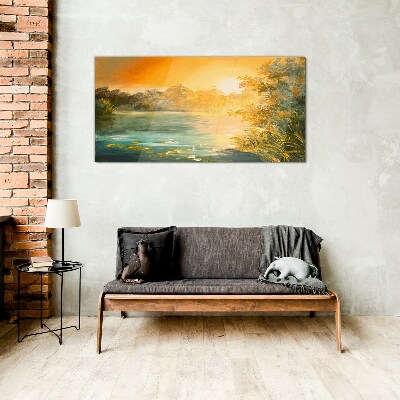 Golden hour on the river Glass art print