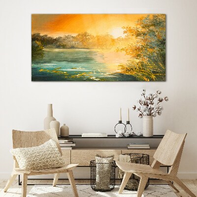 Golden hour on the river Glass art print
