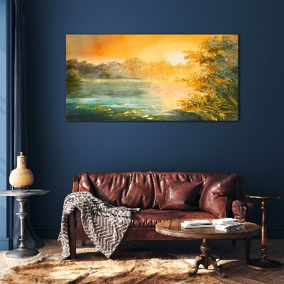 Golden hour on the river Glass art print