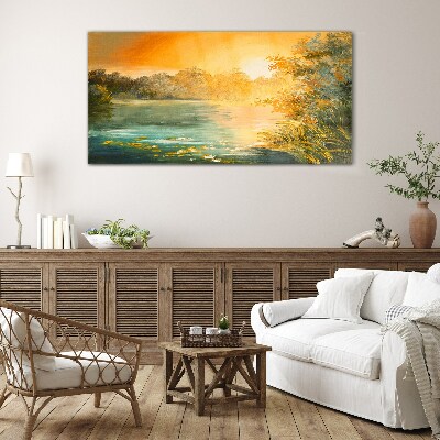 Golden hour on the river Glass art print