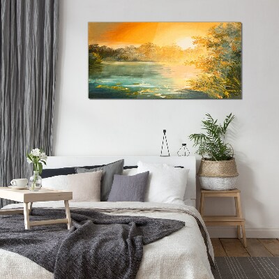 Golden hour on the river Glass art print