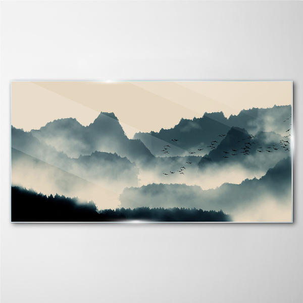 Misty mountain landscape with birds Wall art on glass