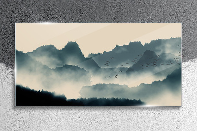 Misty mountain landscape with birds Wall art on glass