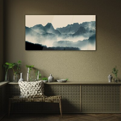 Misty mountain landscape with birds Wall art on glass