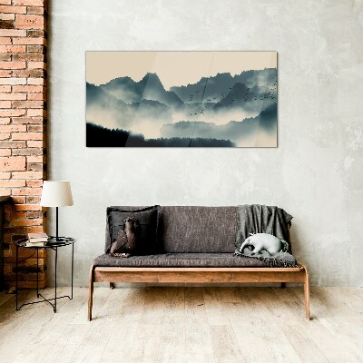 Misty mountain landscape with birds Wall art on glass