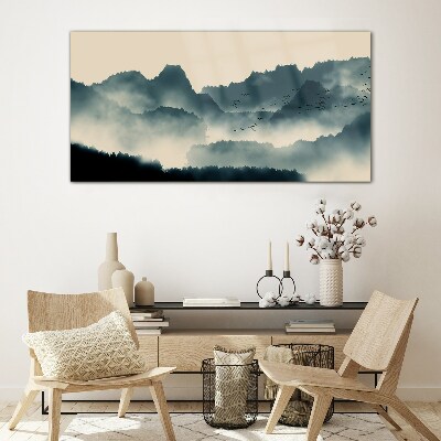 Misty mountain landscape with birds Wall art on glass