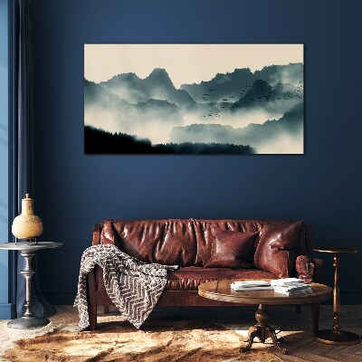 Misty mountain landscape with birds Wall art on glass