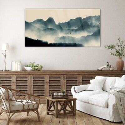 Misty mountain landscape with birds Wall art on glass