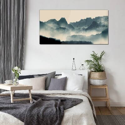 Misty mountain landscape with birds Wall art on glass