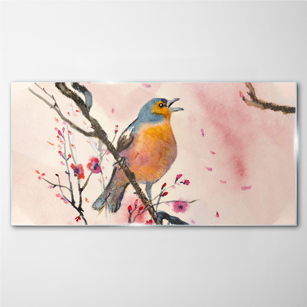 A singing bird in a spring landscape Glass art print