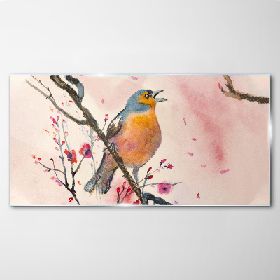 A singing bird in a spring landscape Glass art print