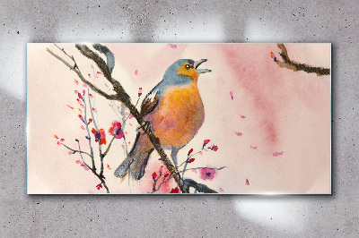 A singing bird in a spring landscape Glass art print